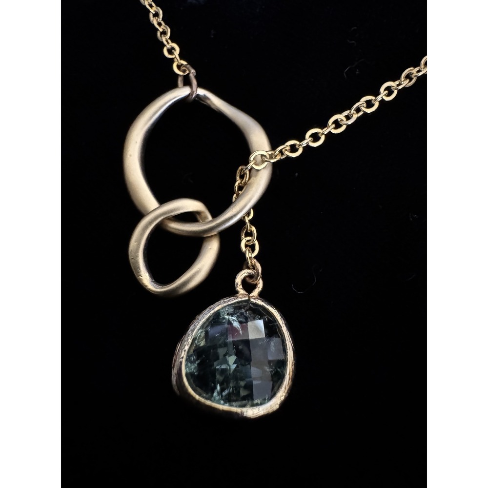 Gold Tone Lariat Necklace Organic Loops Blue Topaz Looking Crystal 21" Art Chic